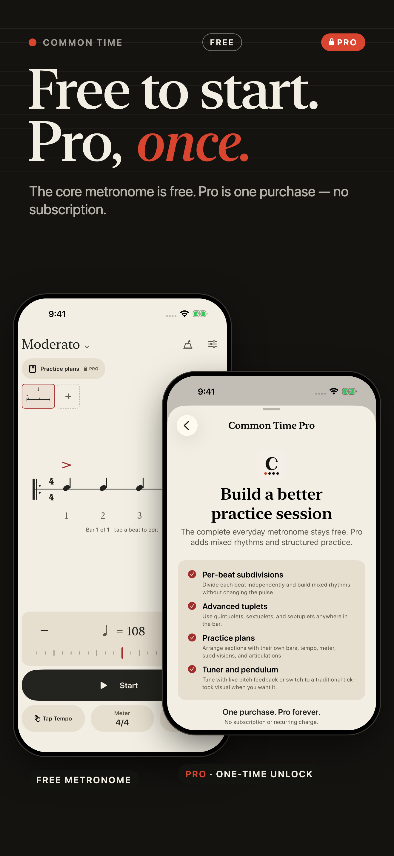 Free to start. Pro, once. — Common Time Metronome screenshot