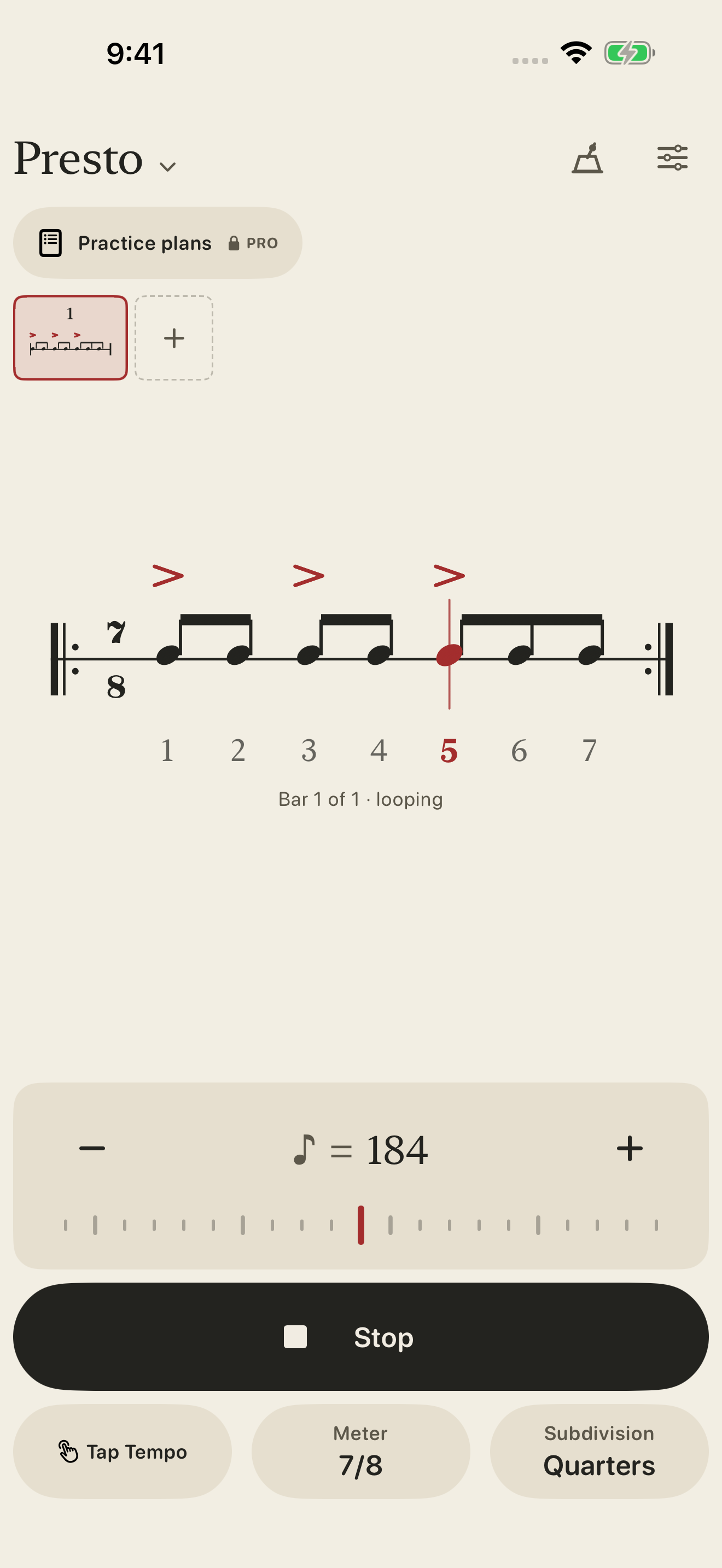 Common Time playing 7/8 grouped 2+2+3 at 184 BPM, with the current beat highlighted in the written bar