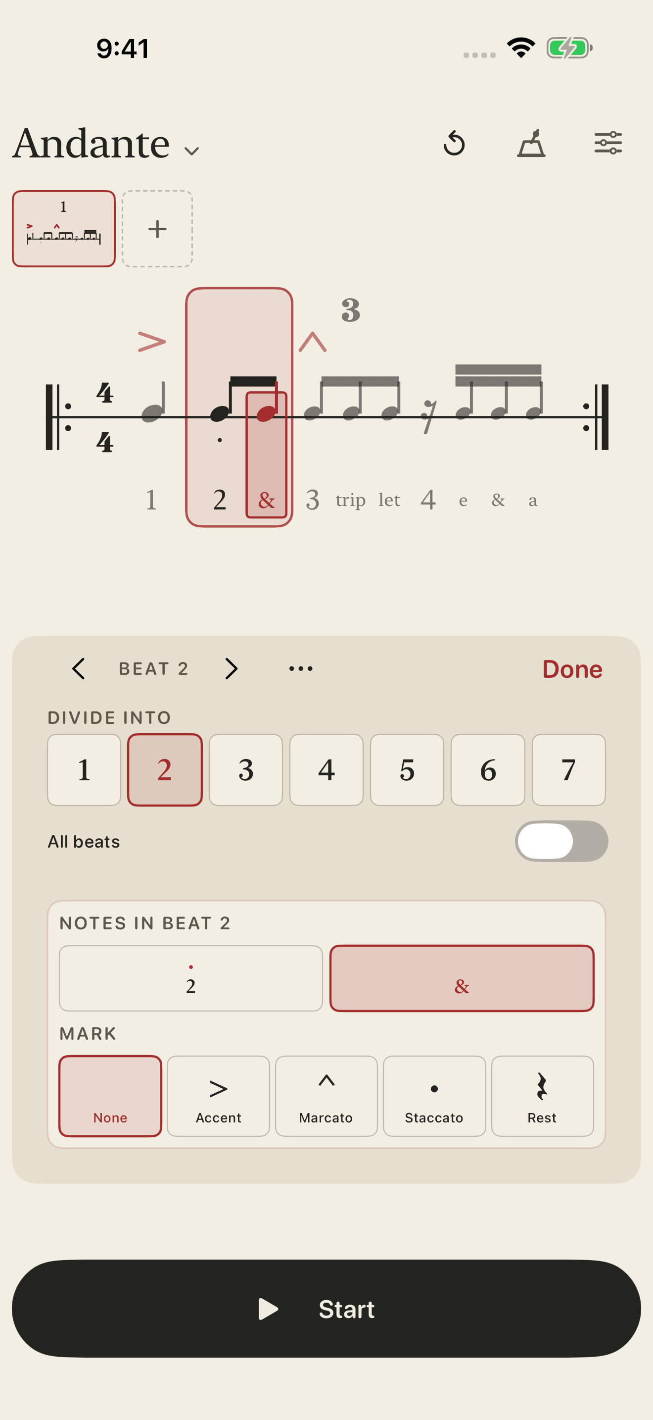 Pro beat editor showing individual subdivisions, accents, marcato, staccato, and rest controls