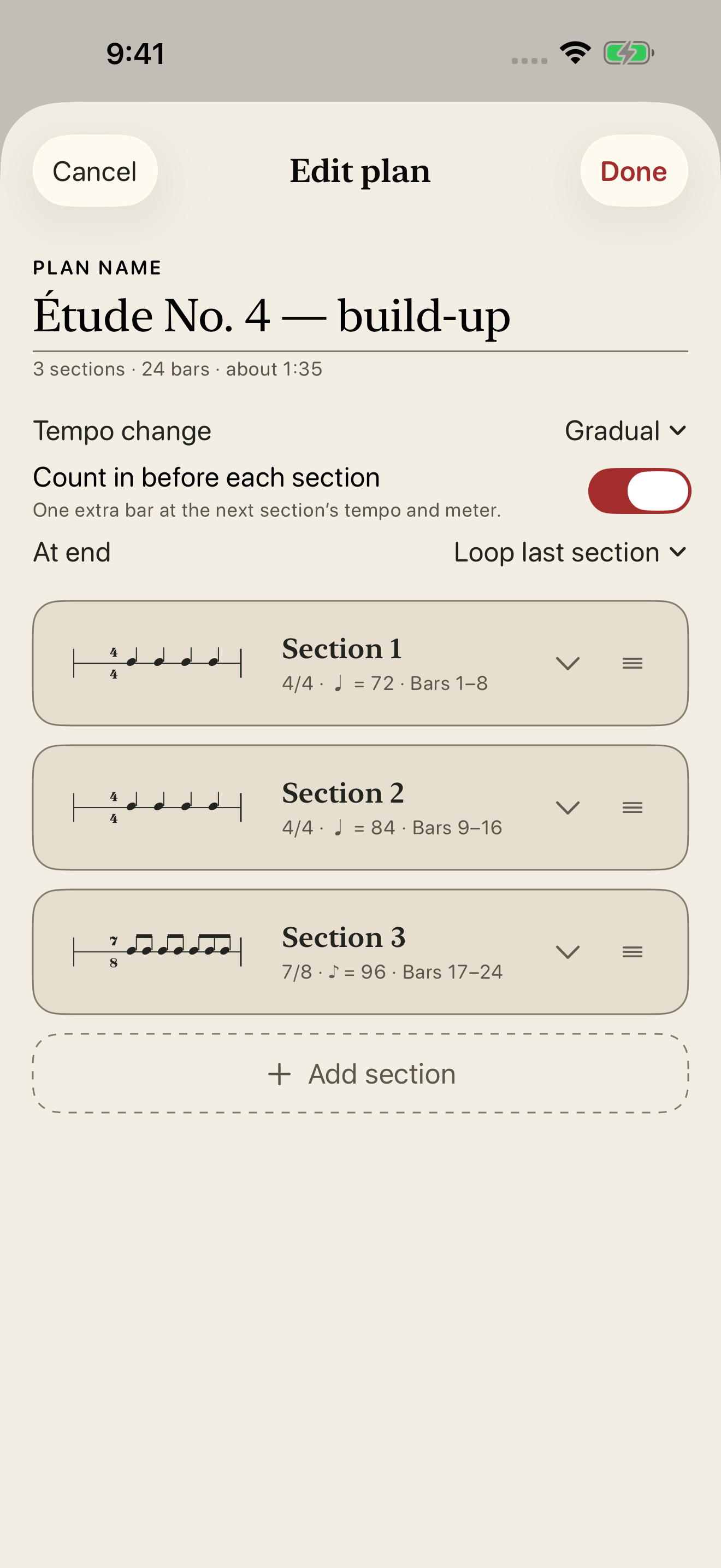 A three-section practice plan with individual tempos and meters, gradual tempo changes, and section count-ins