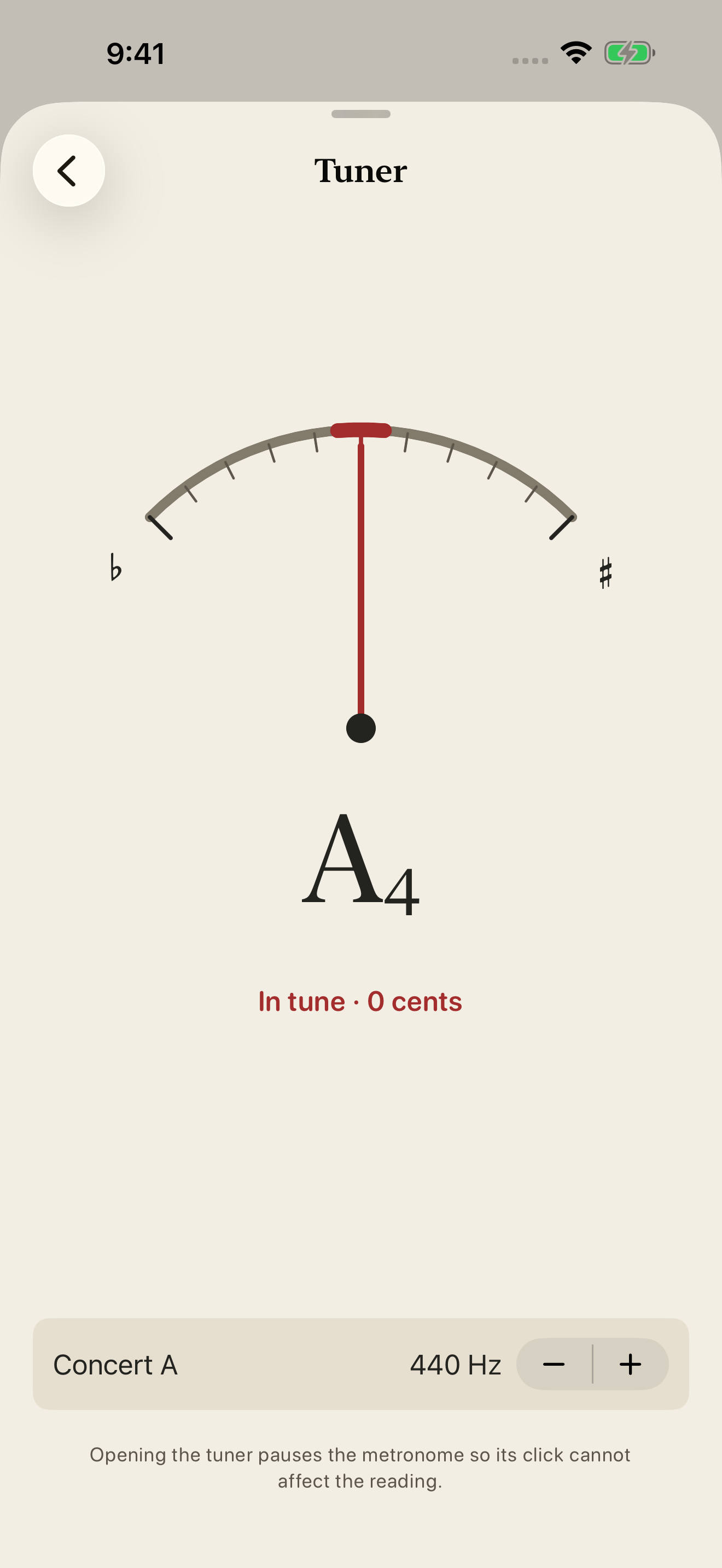 Chromatic tuner showing an A4 pitch reading and concert A reference controls