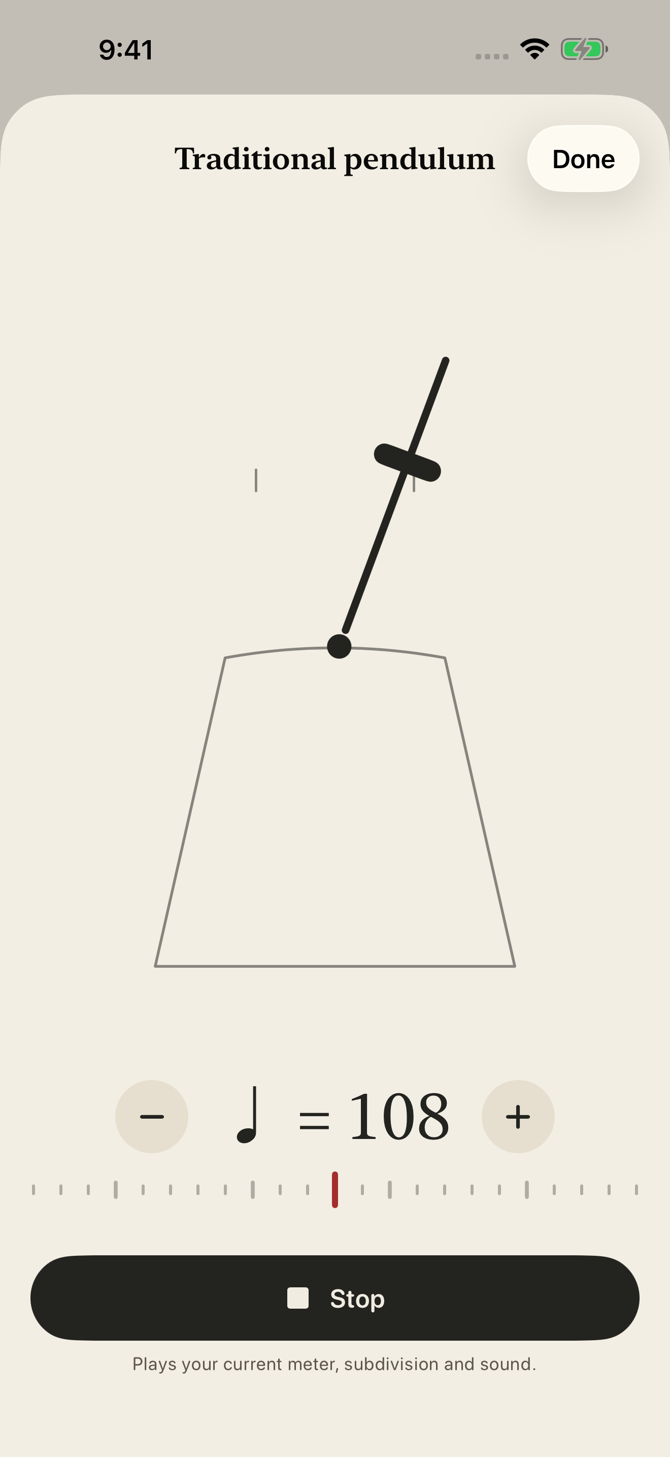 Traditional pendulum metronome with the shared tempo ruler and playback controls