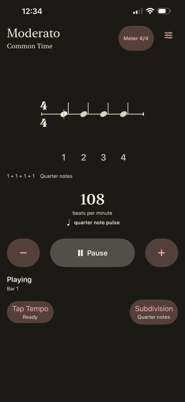 Common Time Metronome playing at 108 beats per minute in four four time