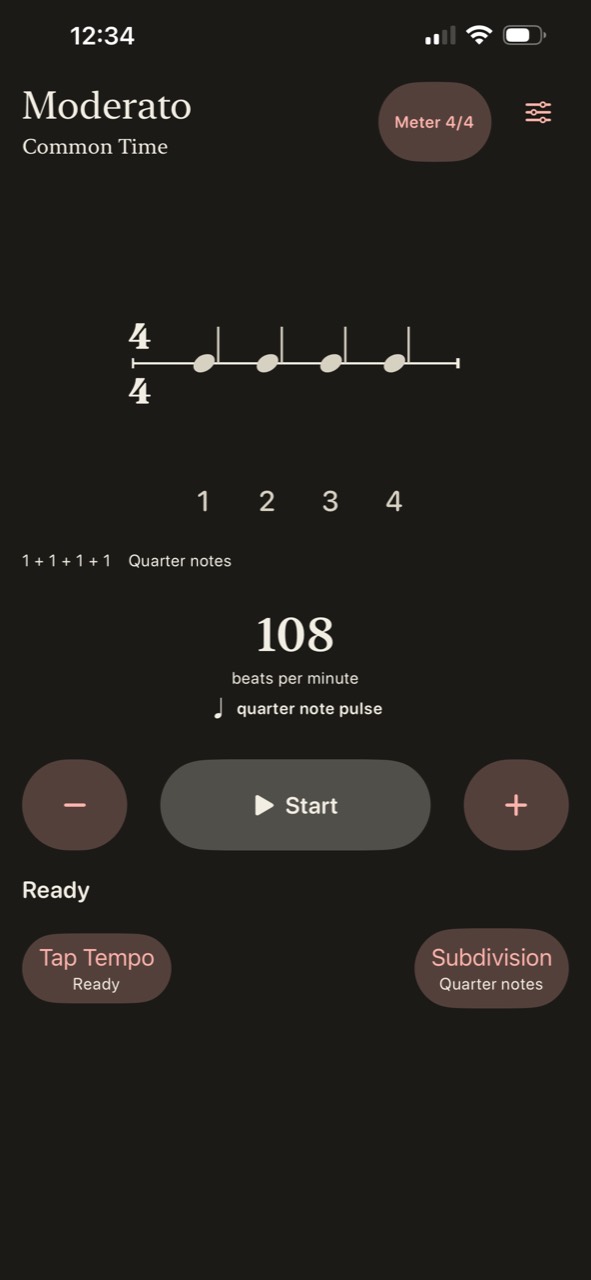 Metronome ready screen at 108 beats per minute