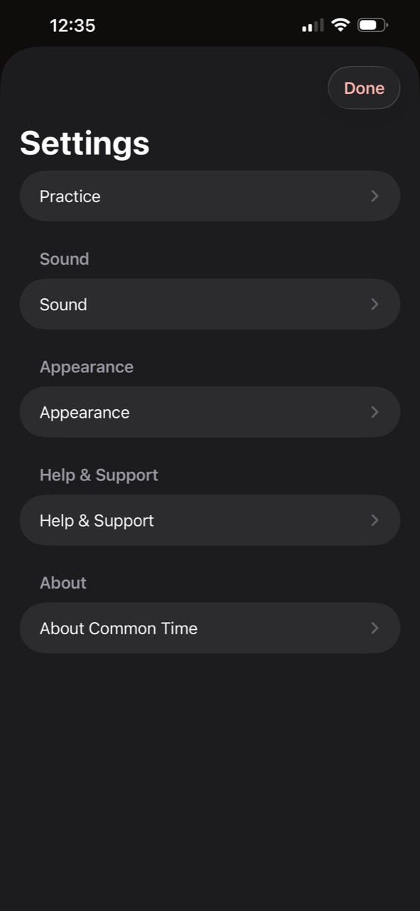 Common Time settings screen
