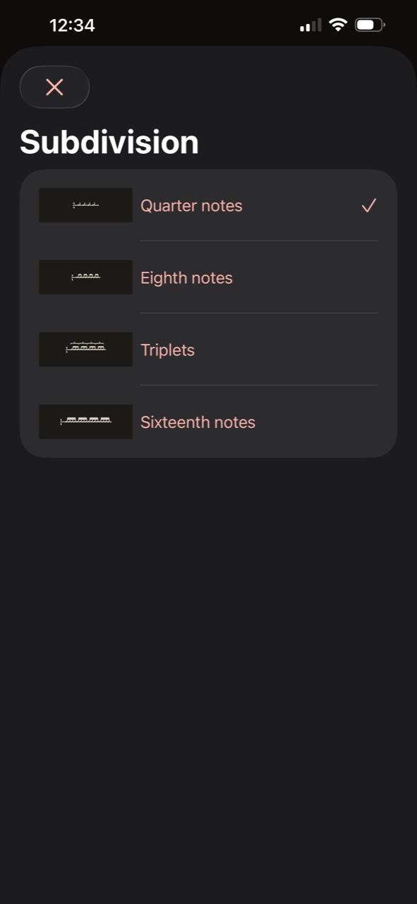 Subdivision choices including quarter notes, eighth notes, triplets, and sixteenth notes