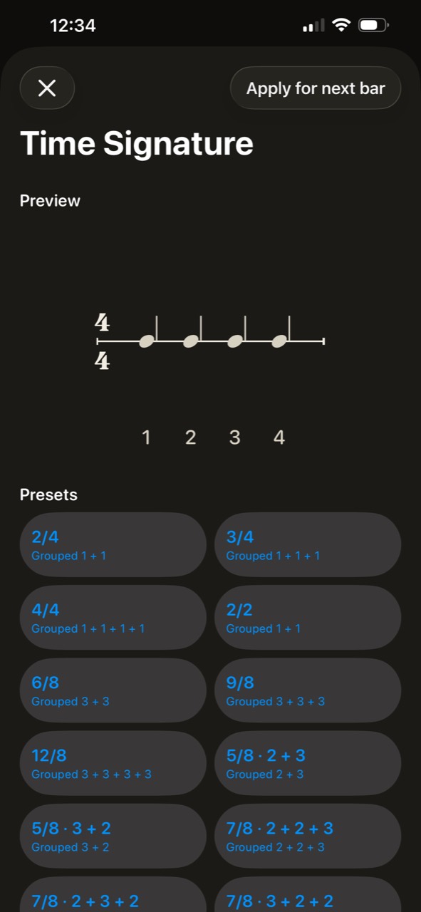 Time signature presets and a four four notation preview